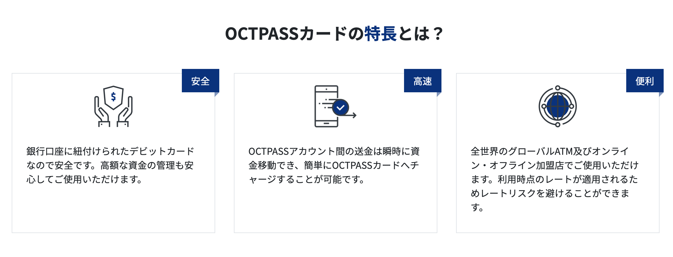 OCTPASSカードは、海外大手銀行口座に紐付けられたVISAデビットカードなので安全です。高額な仮想通貨(暗号資産)といった資金の管理も安心してご使用いただけます。 高速 OCTPASSアカウント間の仮想通貨(暗号資産)といった送金は瞬時に資金移動でき、簡単にOCTPASSカードへ仮想通貨(暗号資産)のチャージすることが可能です。 便利 全世界のグローバルATM及びオンライン・オフライン加盟店でご使用いただけます。利用時点のレートが適用されるためレートリスクを避けることができます。