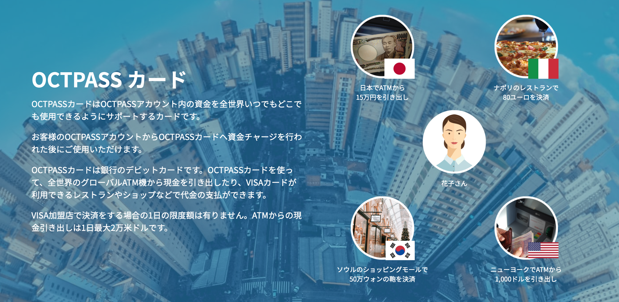 OCTPASS カード OCTPASSカードはOCTPASSウォレット内の仮想通貨(暗号資産)や法定通貨といった資金を全世界いつでもどこでも使用できるようにサポートするカードです。 お客様のOCTPASSアカウントからOCTPASSカードへ仮想通貨(暗号資産)や法定通貨といった資金チャージを行われた後にご使用いただけます。 OCTPASSカードは銀行のデビットカードです。OCTPASSカードを使って、全世界のグローバルATM機から現金を引き出したり、VISAカードが利用できるレストランやショップなどで代金の支払ができます。 VISA加盟店で決済をする場合の1日の限度額は有りません。ATMからの現金引き出しは1日最大2万米ドルです。